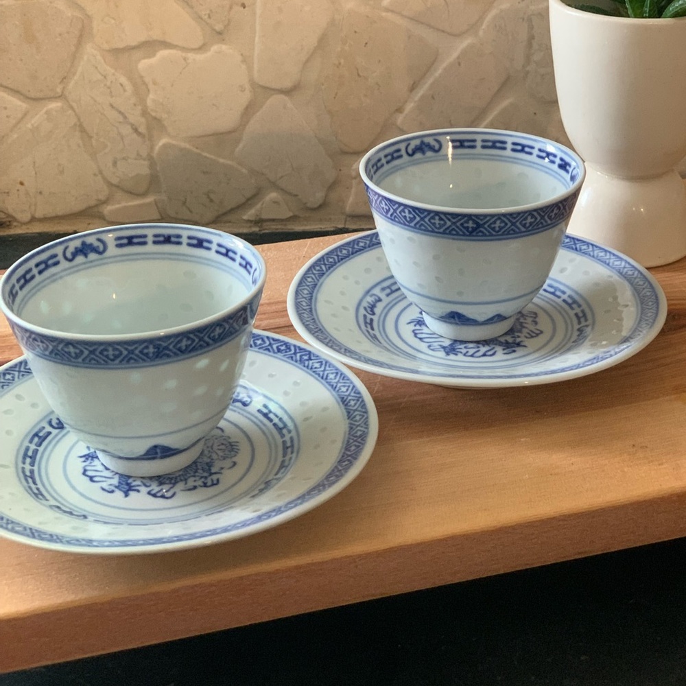 VINTAGE | Set of 2 |Blue & White Porcelain Rice Grain Pattern Tea Cups & Saucers